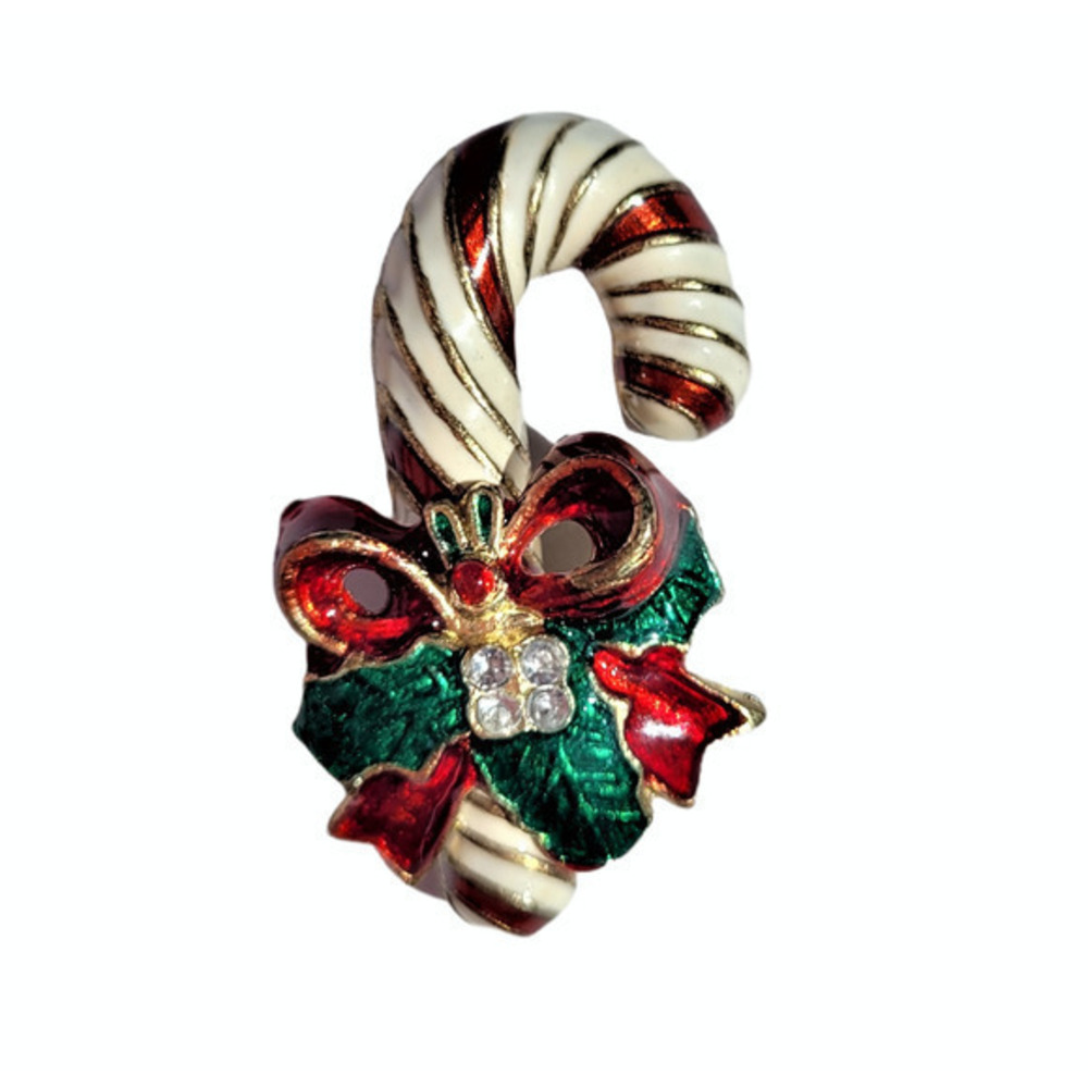 HP Vintage Holiday Christmas Enamel Rhinestone‎ Candy Cane Holly Pin Brooch